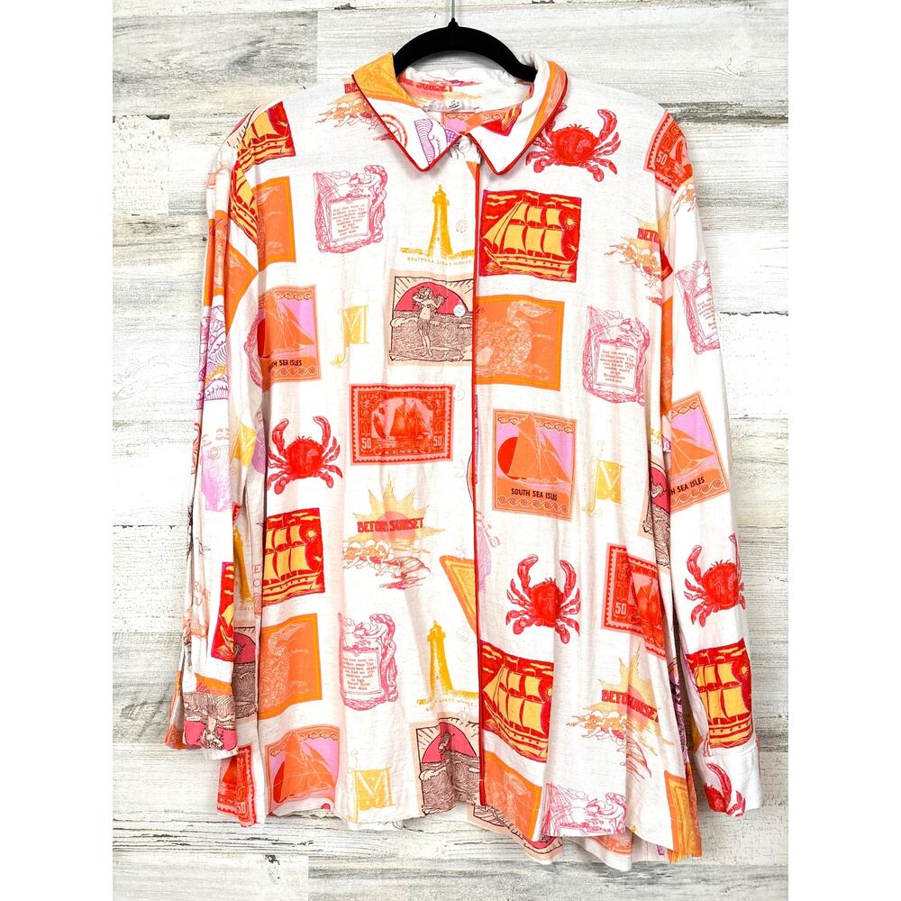Jane And Delancey Womens 2X White Orange Crab Patchwork Linen Blend Shirt